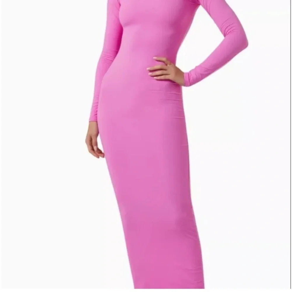 SKIMS Fits Everybody Long Sleeve Crew Neck Maxi Dress, Neon Orchid Pink, Size L - Picture 2 of 14